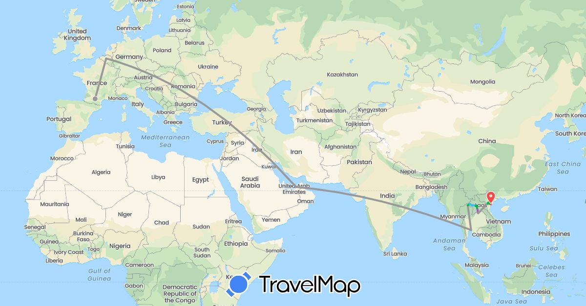 TravelMap itinerary: bus, plane, train, hiking, boat, motorbike in United Arab Emirates, Belgium, France, Laos, Thailand, Vietnam (Asia, Europe)